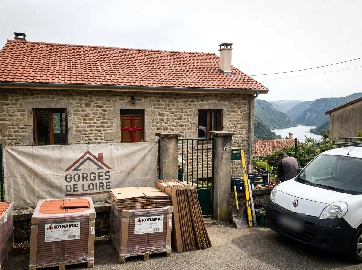 Maison en pierre avec sa toiture en tuiles rouges refaite par Gorges de Loire, bâche du couvreur sur la clôture, palettes de tuiles et vue sur les gorges de la Loire